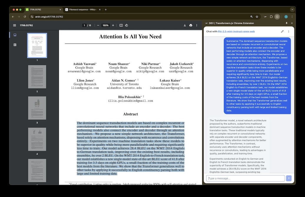 Text summarization demo showing the Chrome extension summarizing a research paper